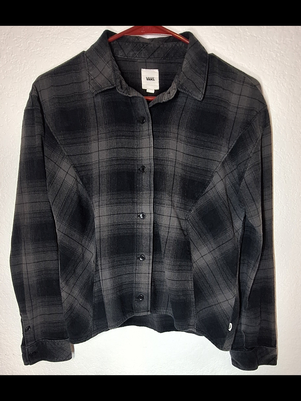 Vans Plaid Flannel Cropped Raw Hem Shacket Grey Black S